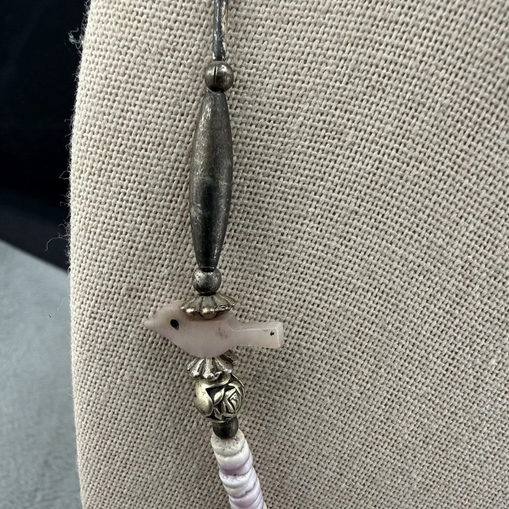 Vintage Fetish Necklace‎ Birds Purple Beaded Shell Silver Tone 19